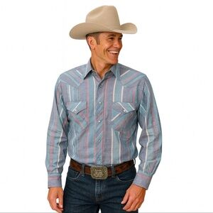 Wrangler Men’s XL Western Shirt Blue Green Red Striped Snap Button Vintage